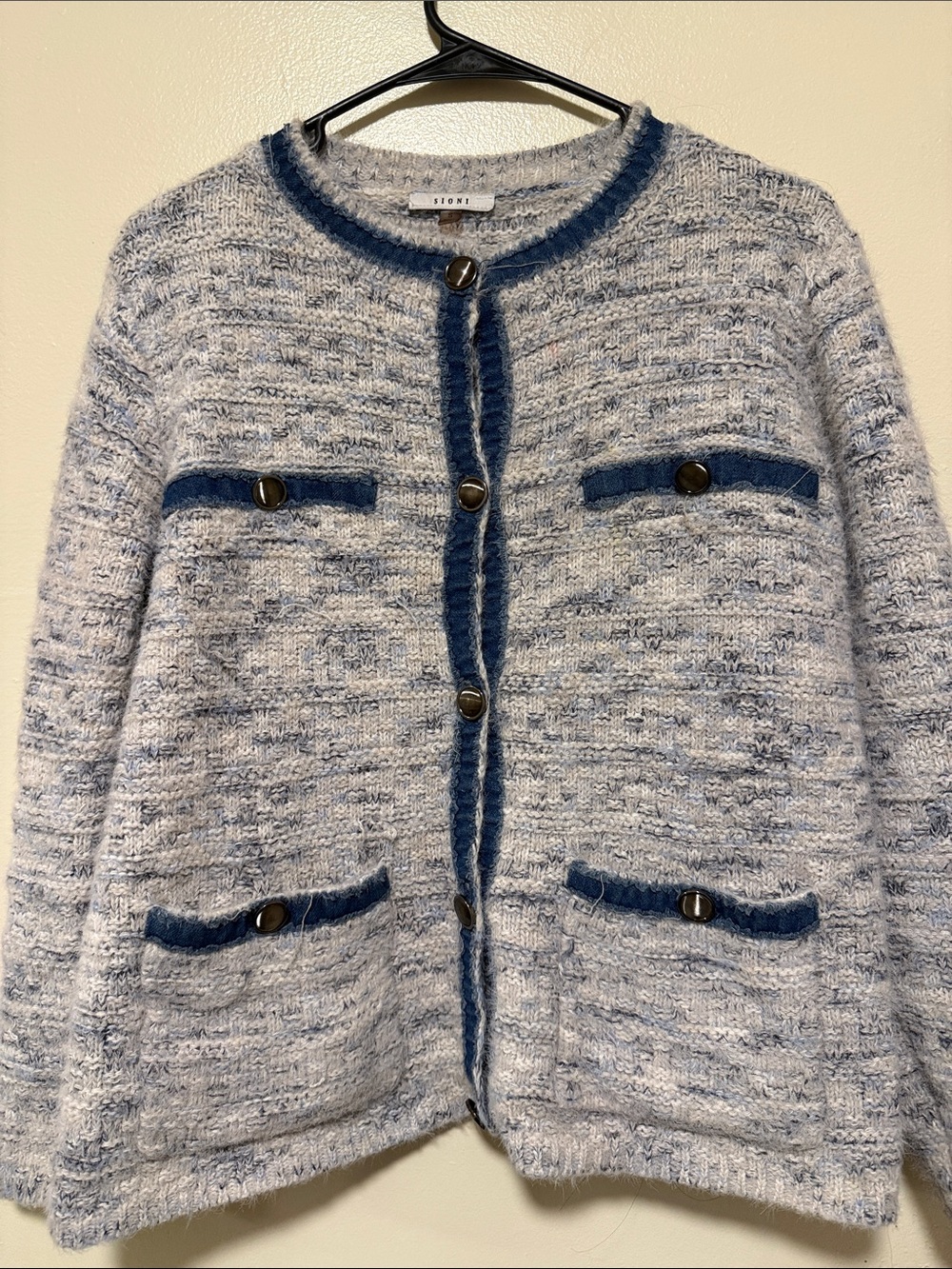 Sioni Light Blue Bouclé Cardigan with Navy Trim
